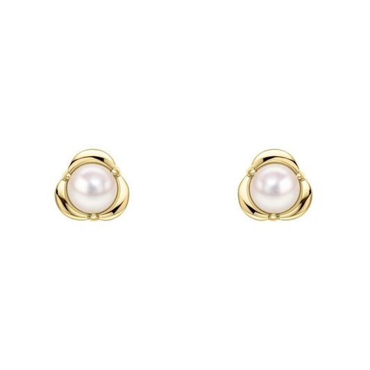 9ct Yellow Gold Freshwater Cultured Pearl 3 Petal Flower Stud Earrings