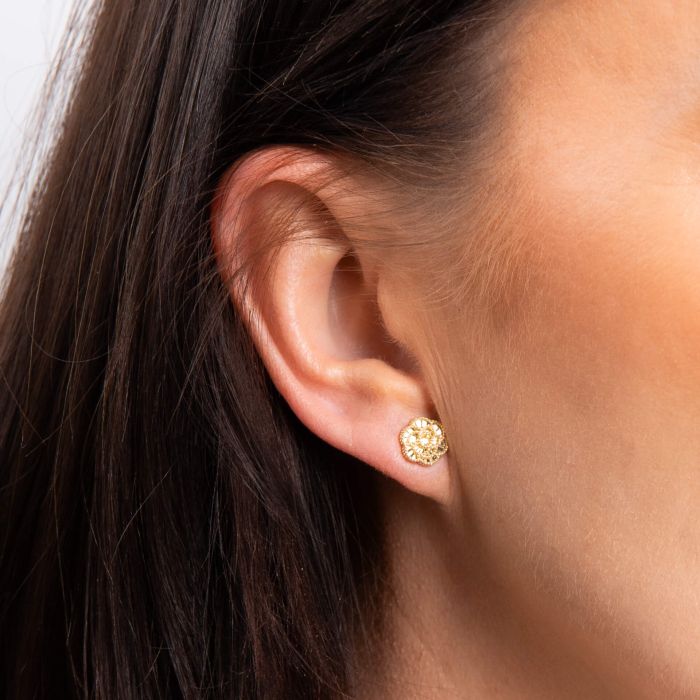 9ct Yellow Gold Beaded English Rose Style Stud Earrings