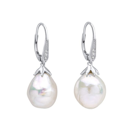 9ct White Gold Baroque Freshwater Cultured Pearl Teardrop Vintage White Topaz Earrings