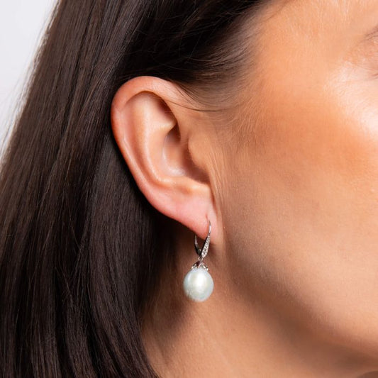 9ct White Gold Baroque Freshwater Cultured Pearl Teardrop Vintage White Topaz Earrings