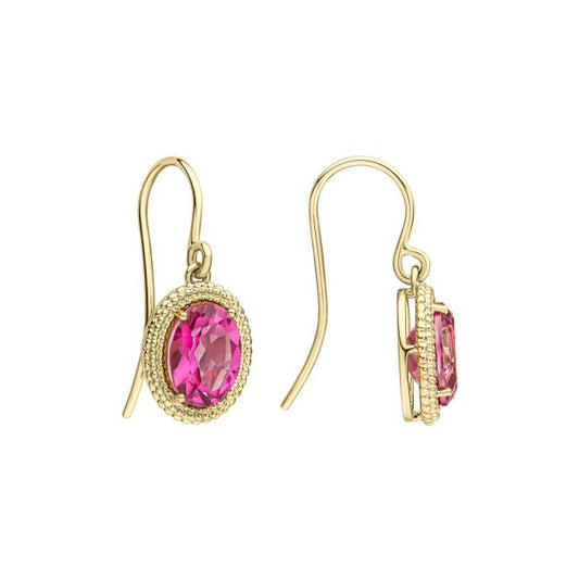9ct Yellow Gold Oval Pink Topaz Twisted Edge Hook Wire Drop Earrings