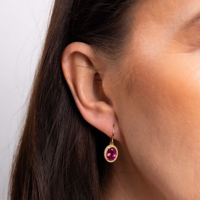 9ct Yellow Gold Oval Pink Topaz Twisted Edge Hook Wire Drop Earrings