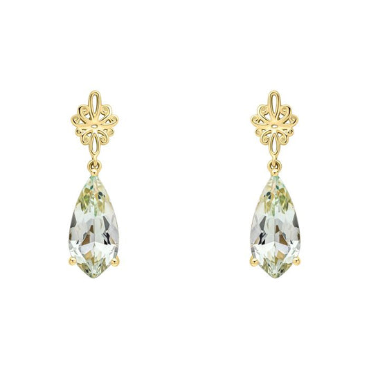 9ct Yellow Gold Faceted Green Quartz Teardrop Earrings