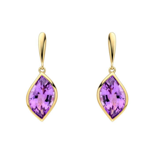 9ct Yellow Gold Flame Cut Amethyst Drop Earrings