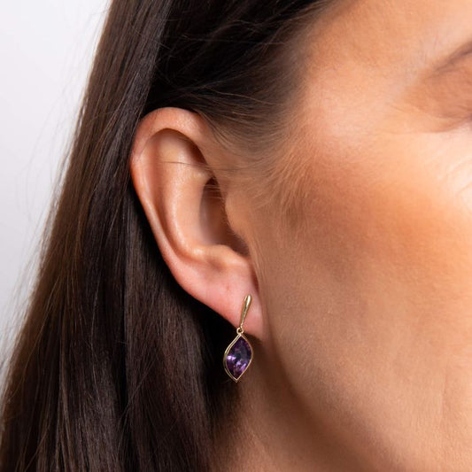 9ct Yellow Gold Flame Cut Amethyst Drop Earrings
