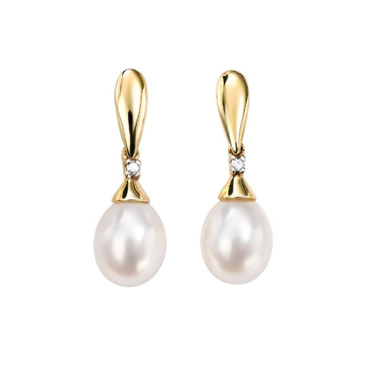 9ct Yellow Gold Freshwater Pearl and Diamond Drop Earrings