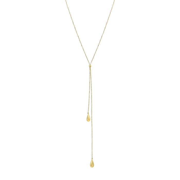 9ct Yellow Gold Trace Chain Lariat With Hollow Teardrop Ends