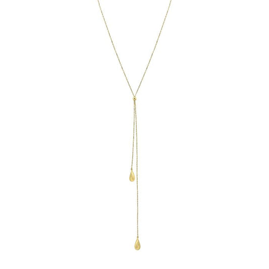 9ct Yellow Gold Trace Chain Lariat With Hollow Teardrop Ends