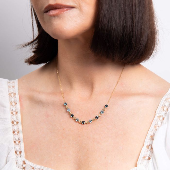 9ct Yellow Gold Light and Dark Blue Round Topaz Necklace