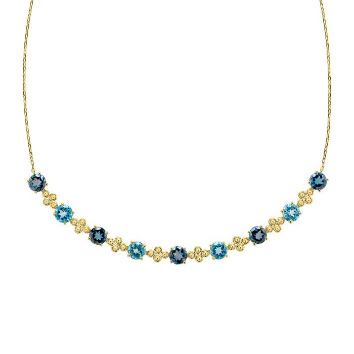 9ct Yellow Gold Light and Dark Blue Round Topaz Necklace
