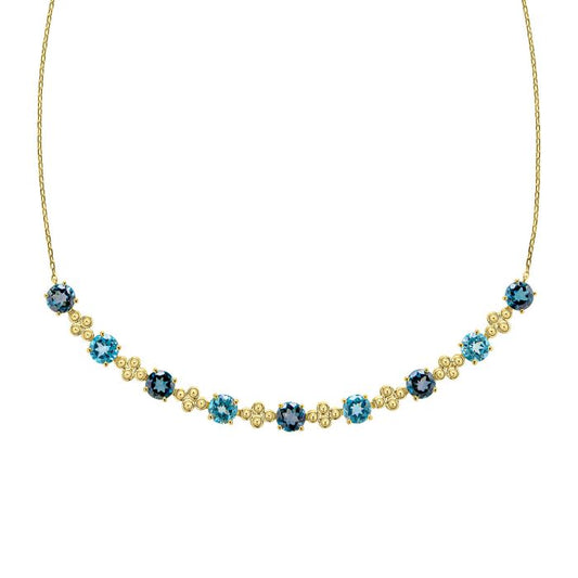 9ct Yellow Gold Light and Dark Blue Round Topaz Necklace