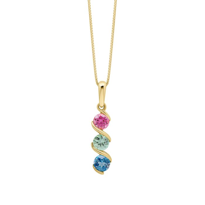 9ct Yellow Gold Pink Tourmaline Green Sapphire and Blue Topaz Pendant