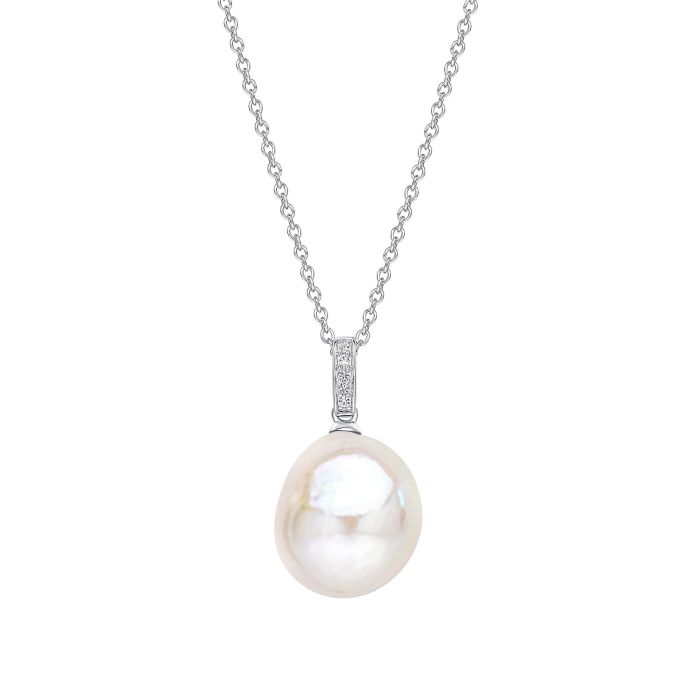 9ct White Gold Baroque Pearl and White Topaz Necklace