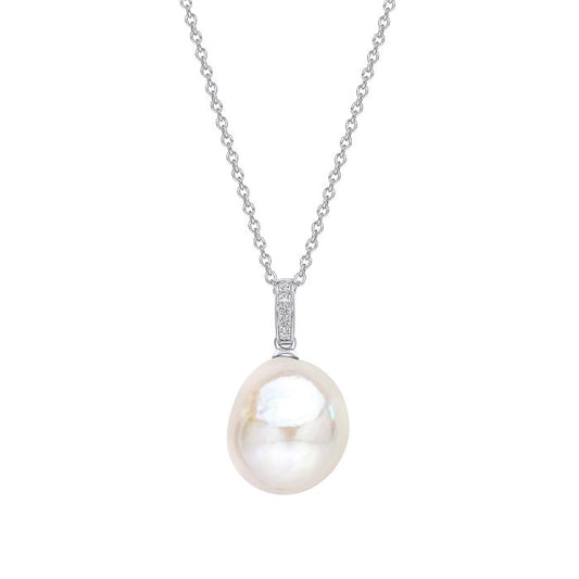 9ct White Gold Baroque Pearl and White Topaz Necklace