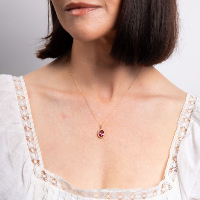 9ct Yellow Gold Oval Pink Topaz Twist Edge Pendant