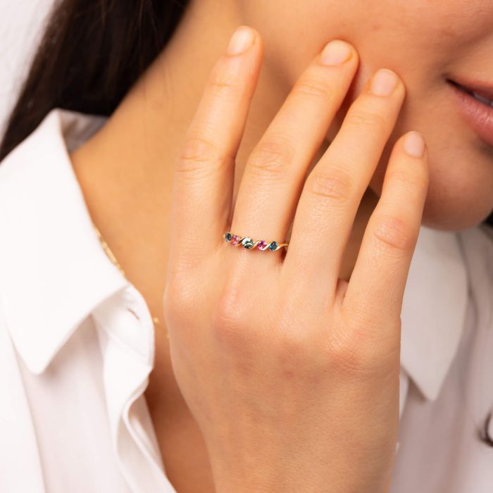 9ct Gold Pink Tourmaline Green Sapphire And Blue Topaz Half Hoop Ring