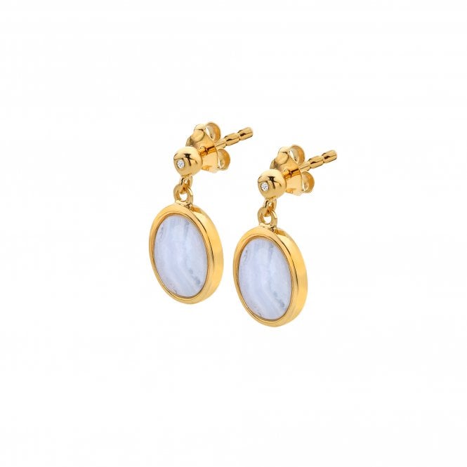 Hot Diamonds x Gem Hot Diamonds Oval Blue Lace Agate Yellow Gold Plated Drop Earrings