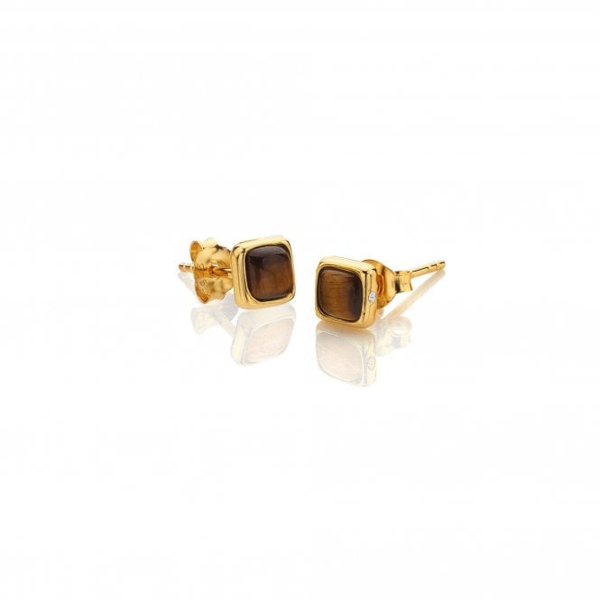 Hot Diamonds x Gem Hot Diamonds Square Tigers Eye Yellow Gold Plated Stud Earrings