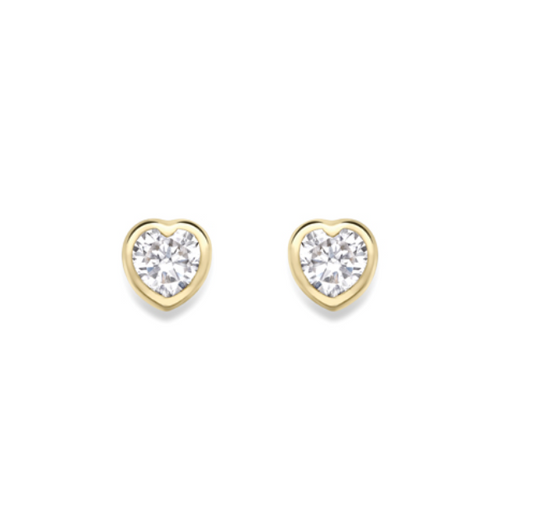 9ct Yellow Gold Heart Shaped Cubic Zirconia Rubover Stud Earrings