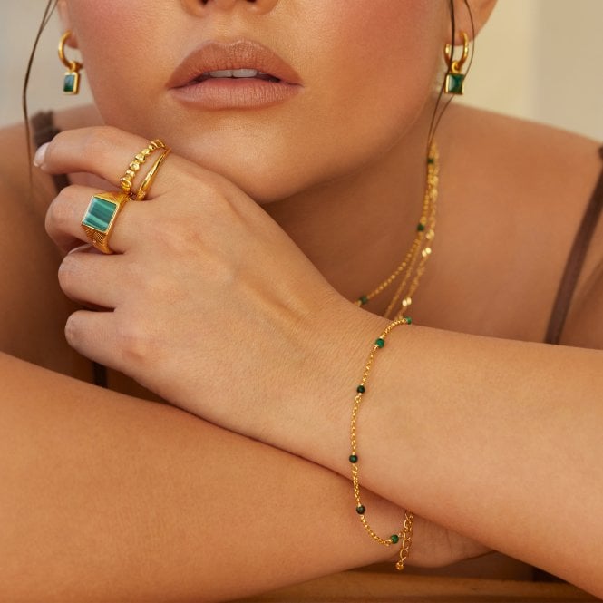 Hot Diamonds x Golden Edit 18ct Yellow Gold Plated Malachite Bracelet DL646