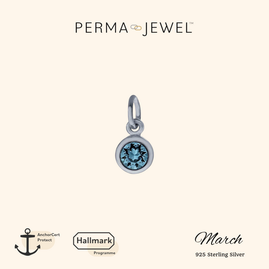 Permanent Sterling Silver Round Light Blue March Birthstone Cubic Zirconia Charm for Perma Bracelet