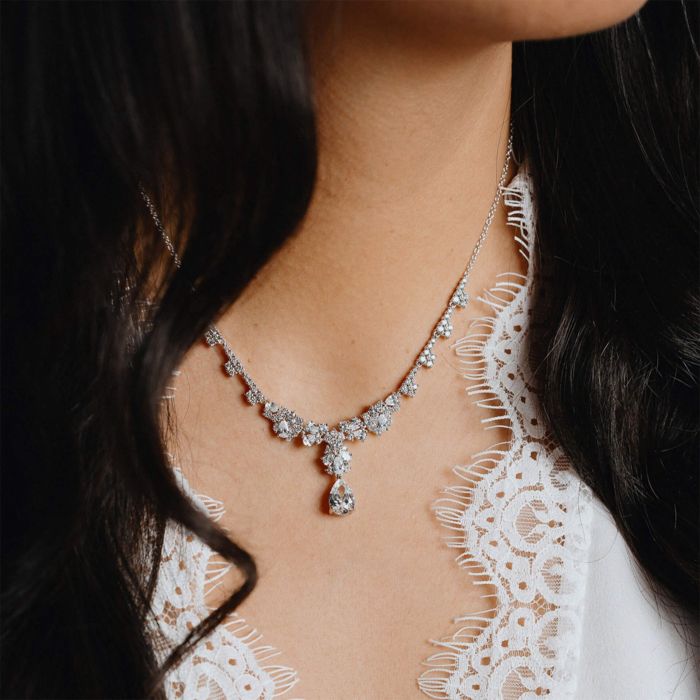 Diamonfire Sterling Silver Cubic Zirconia Teardrop Ornate Necklace