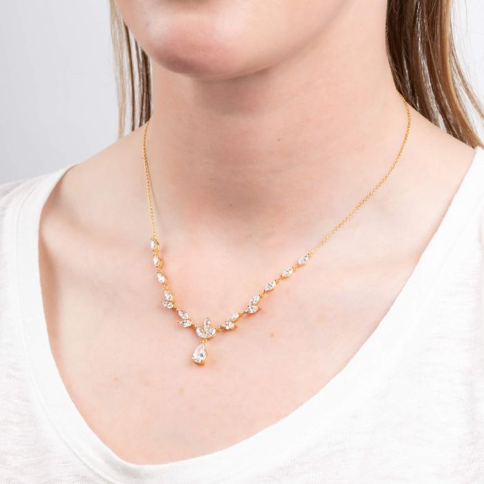 Diamonfire Yellow Gold Plated Cubic Zirconia Vine Leaf Teardrop Necklace