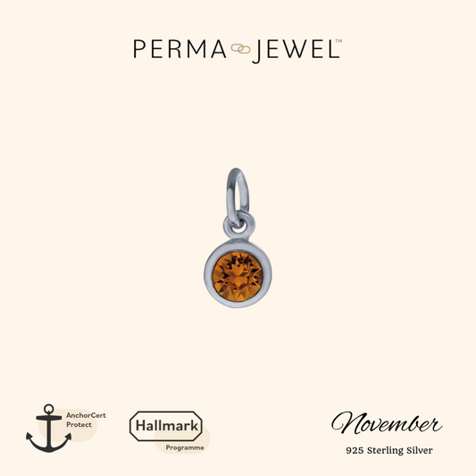 Permanent Sterling Silver Round Golden Citrine Birthstone Cubic Zirconia Charm for Perma Bracelet