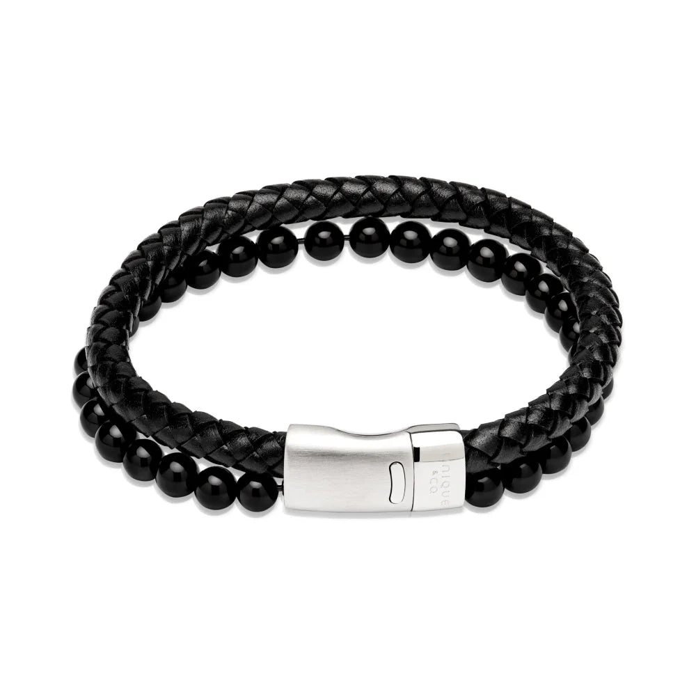Unique & Co Stainless Steel Two Row Leather Onyx Bracelet 19cm
