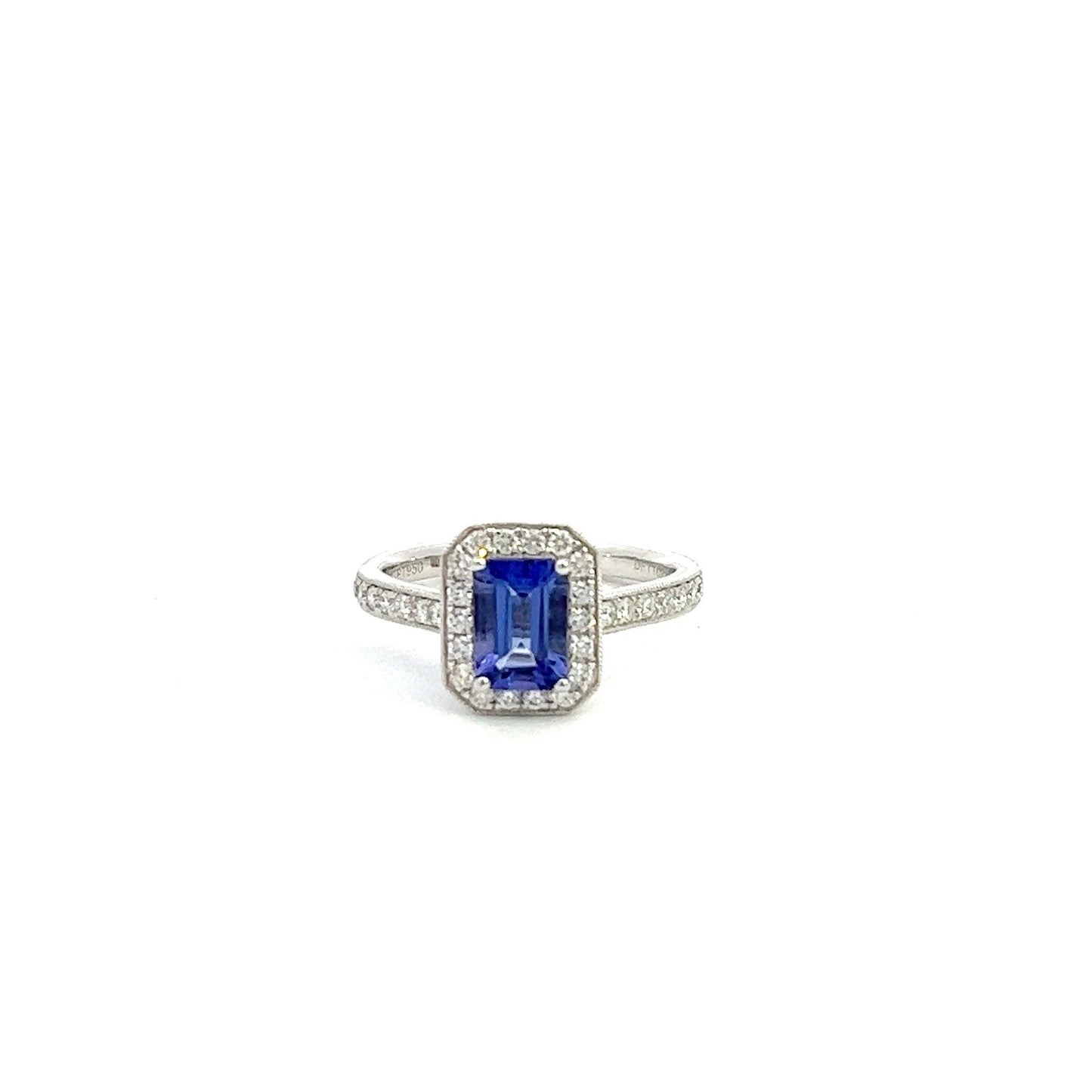 Platinum 0.98ct Emerald Cut Tanzanite and Diamond Ring with Diamond Shoulders - Judith Hart Jewellers
