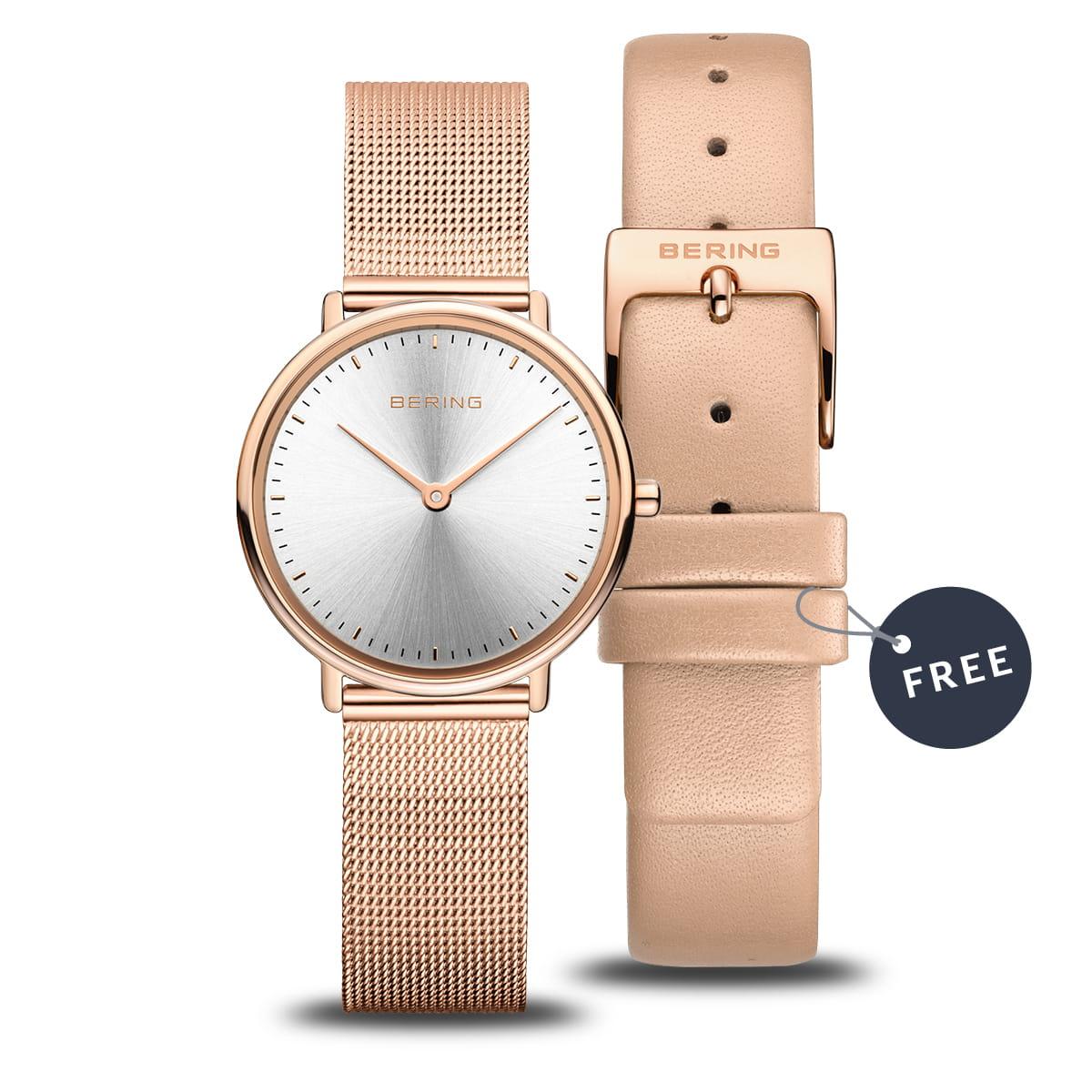 Bering Ultra Slim Rose Gold Plated Watch with Mesh and Leather