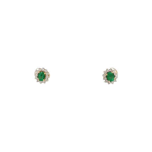 18ct Yellow Gold Emerald and Diamond Cluster Stud Earrings - Judith Hart Jewellers