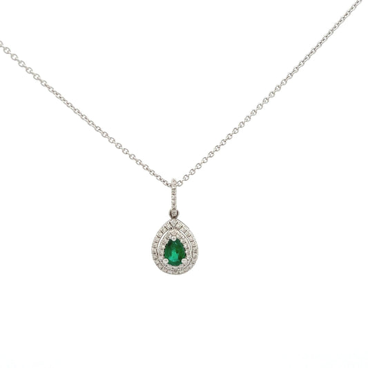 18ct White Gold Emerald and Diamond Pendant and Chain - Judith Hart Jewellers