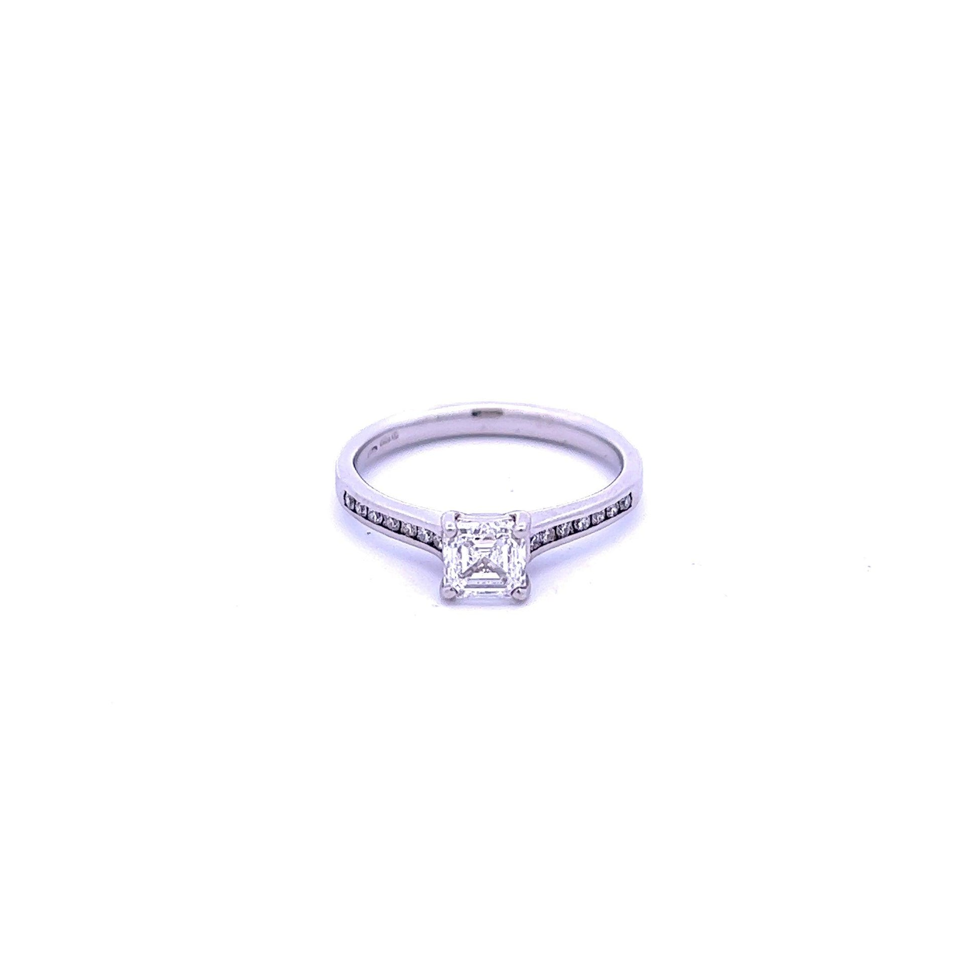 Platinum 0.80ct Asscher Cut Diamond Ring with Diamond Shoulders - Judith Hart Jewellers