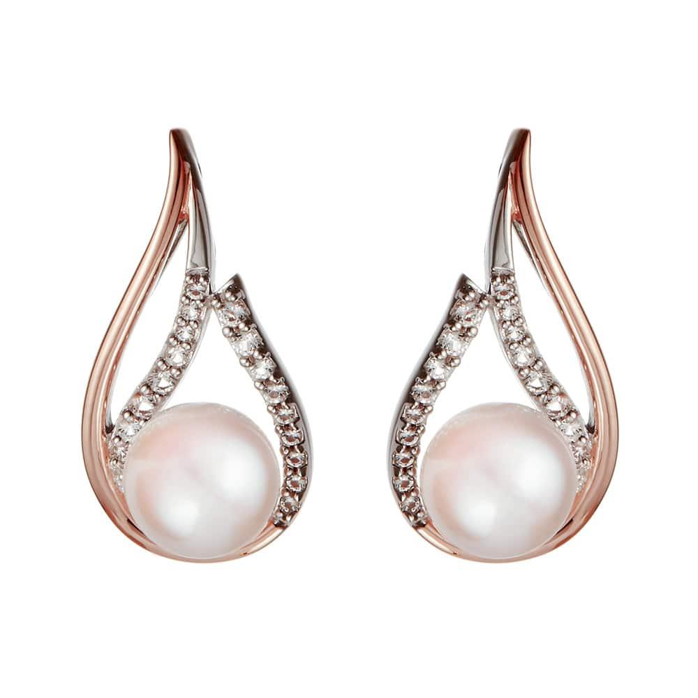 Jersey Pearl Camrose Freshwater Cultured Pearl and White Topaz Silver and Rose Gold Plated Stud Earrings - Judith Hart Jewellers