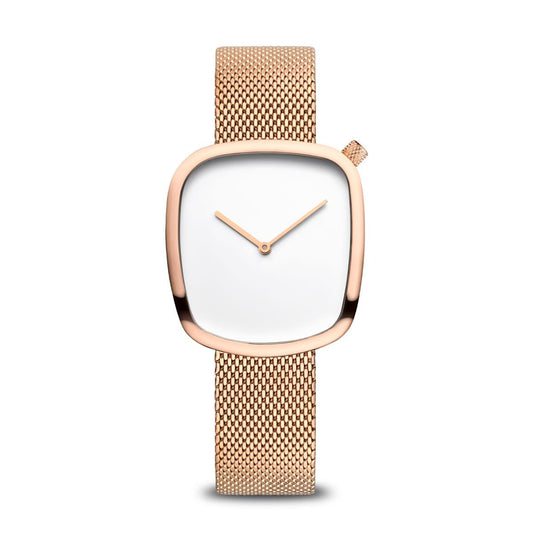 Bering Ladies Pebble Watch with Rose Mesh Bracelet and Rose Tone Case 18034-364 - Judith Hart Jewellers