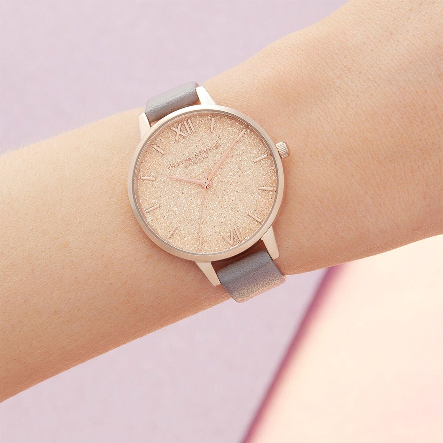 Olivia Burton Glitter Dial Pale Gold Watch with Grey Leather Strap OB16GD45 - Judith Hart Jewellers