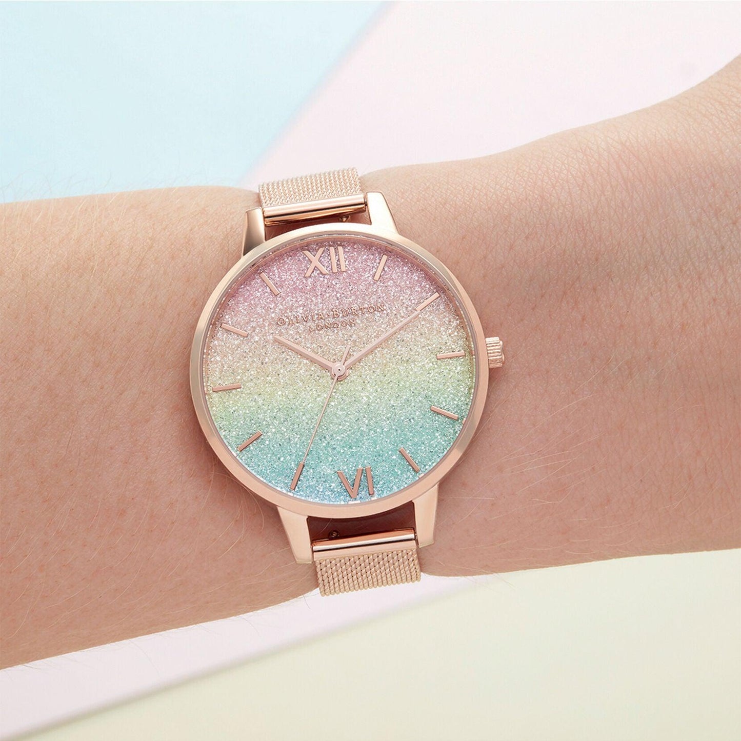 Olivia Burton Rainbow Glitter Dial and Rose Gold Vermeil Bracelet Watch OB16RB18 - Judith Hart Jewellers