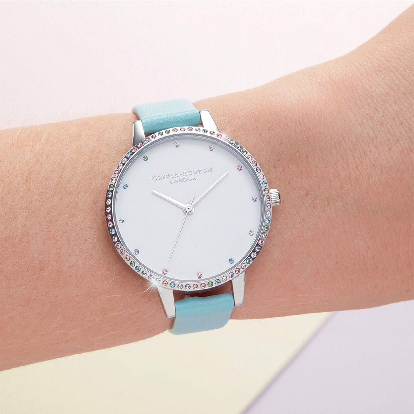 Olivia Burton Rainbow Bezel Watch with Turquoise Leather Strap OB16RB19 - Judith Hart Jewellers