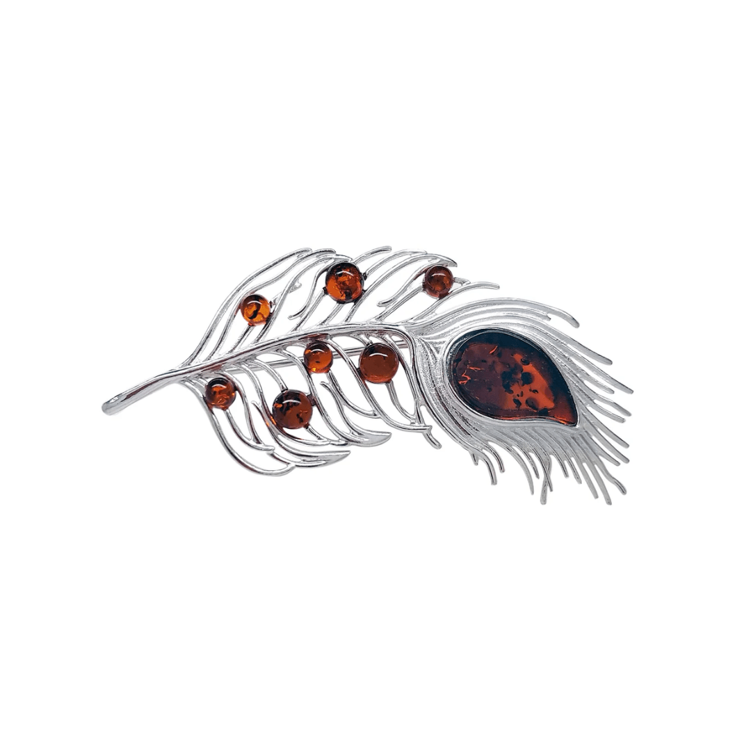 Sterling Silver Amber Peacock Feather Brooch - Judith Hart Jewellers