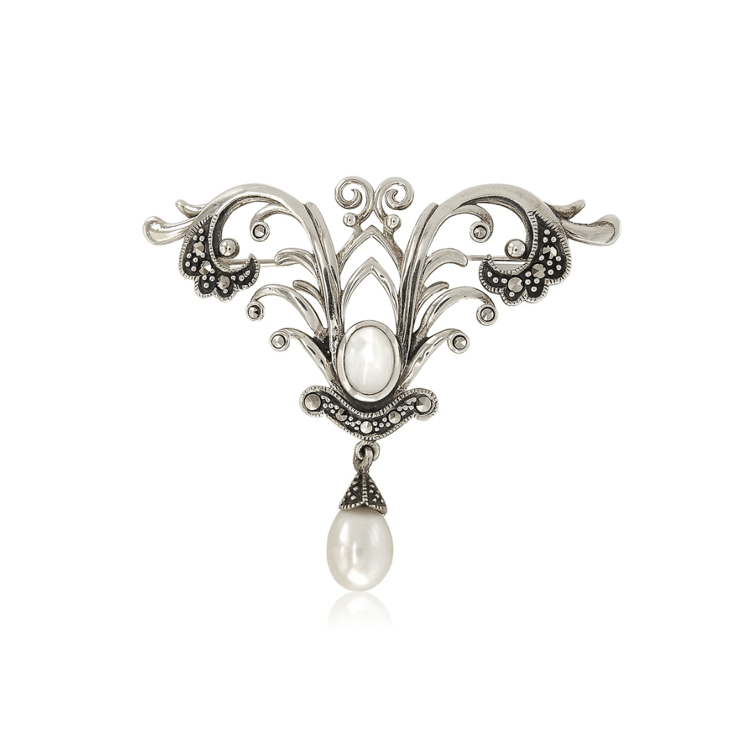 Sterling Silver Marcasite, Mother of Pearl and Freshwater Cultured Pearl Brooch - Judith Hart Jewellers