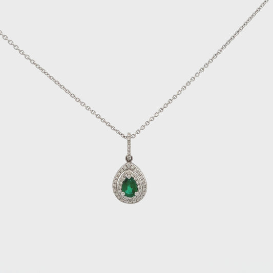 18ct White Gold Emerald and Diamond Pendant and Chain