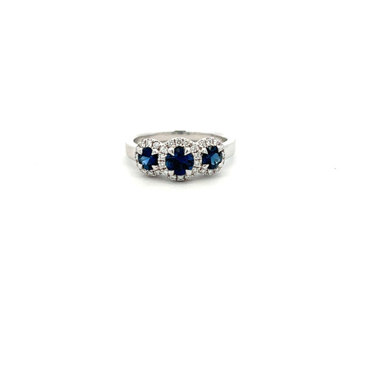 Platinum Sapphire And Diamond Triple Cluster Ring Size N