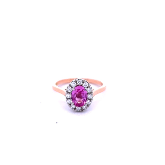18ct Rose Gold Oval Pink Sapphire and Diamond Cluster Ring