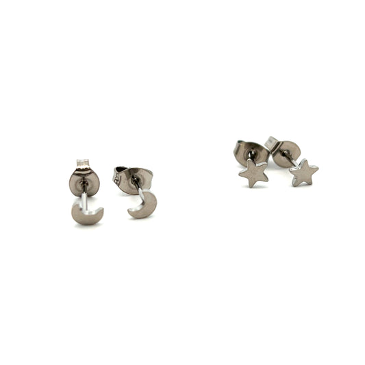 Tish Lyon Two Pair Pack Titanium Star and Moon Stud Earrings
