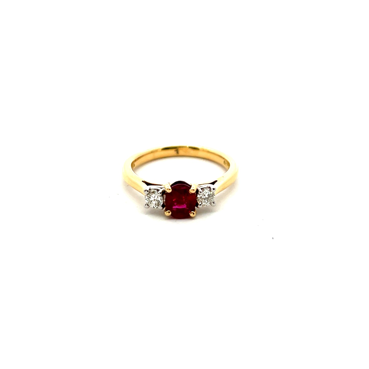 18ct Yellow Gold Ruby and Diamond Three Stone Ring Size L