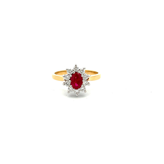 18ct Yellow Gold Ruby and Diamond Cluster Ring Size M