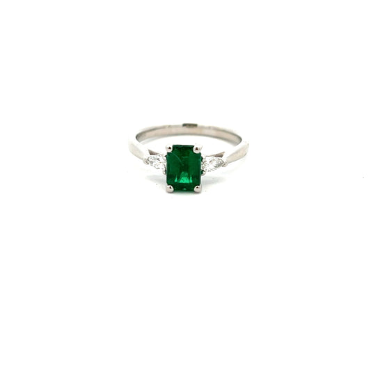 Platinum 1.07ct Emerald and Pear Cut Diamond Three Stone Ring Size M