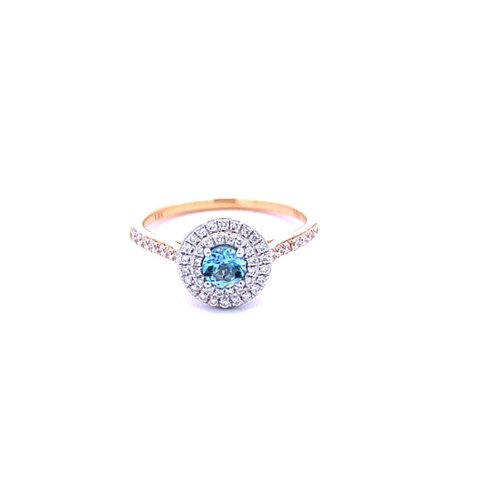 18ct Yellow Gold Aquamarine and Diamond Double Halo Ring with Diamond Shoulders