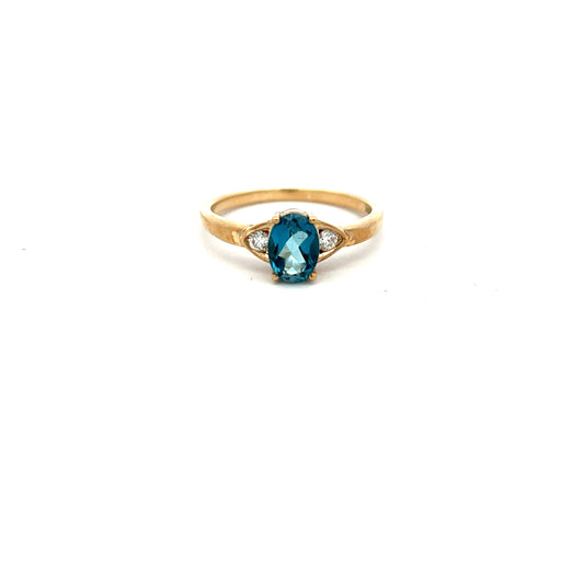 9ct Yellow Gold London Blue Topaz and Diamond Ring Size M